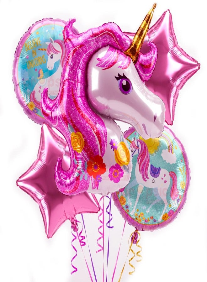 بروبسيكل بالونات عيد ميلاد يونيكورن من بروبسكل للبنات، عبوة من 5 بالونات - ألوان وردية، يونيكورن ونجوم - ديكور حفلة بطابع أميرة، خلفية تصوير للأطفال - Image 1